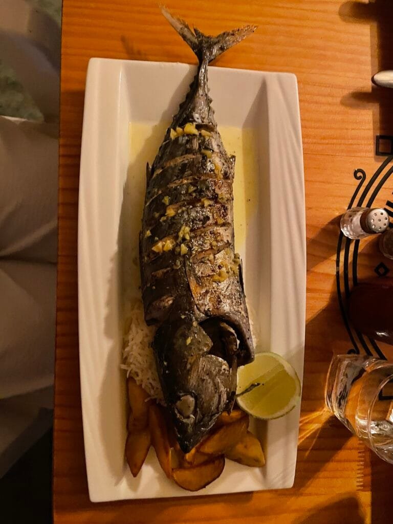 Ein gegrillter Thunfisch mit Zitrone, Reis und Kartoffeln auf Gulhi, Malediven.