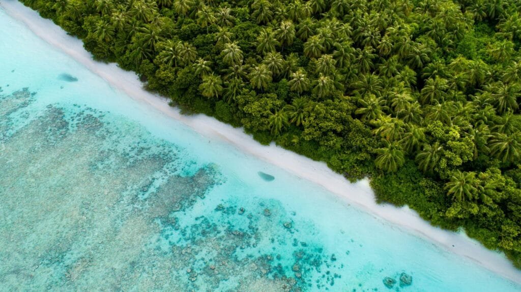 Serene Dhigurah coastline in the morning – golden sunrise over the tranquil Maldivian beach.