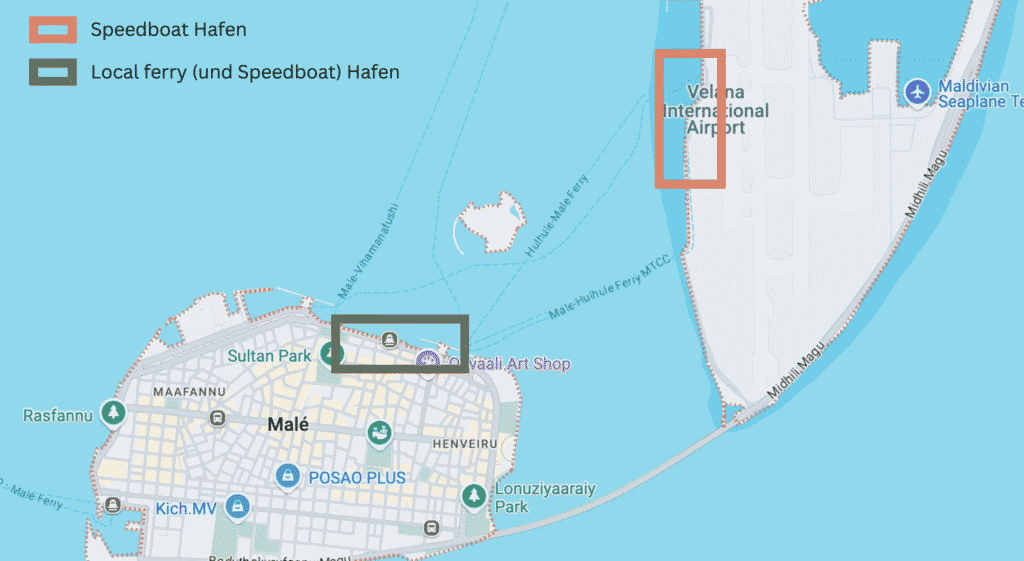 Die Ablegestellen der Speedboats und lokalen Fähren am Flughafen und Male City