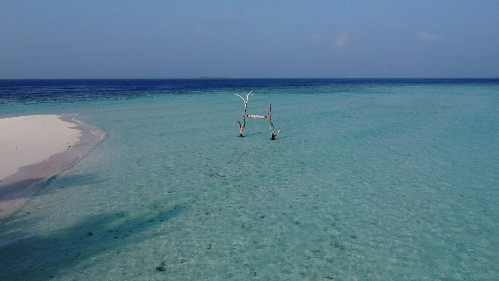 A serene tropical beach in Omadhoo, Maldives with crystal-clear shallow water. In the middle of the sea, two bare tree branches hold a sign that reads "OMADHOO." The horizon stretches endlessly under a bright blue sky.