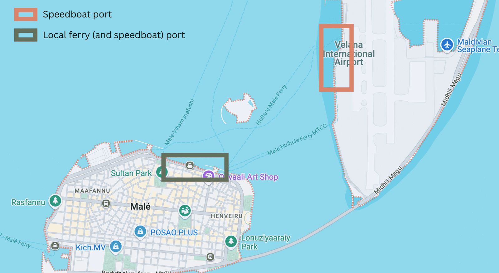 The departure points of the speedboats and local ferries at the airport and Malé City.