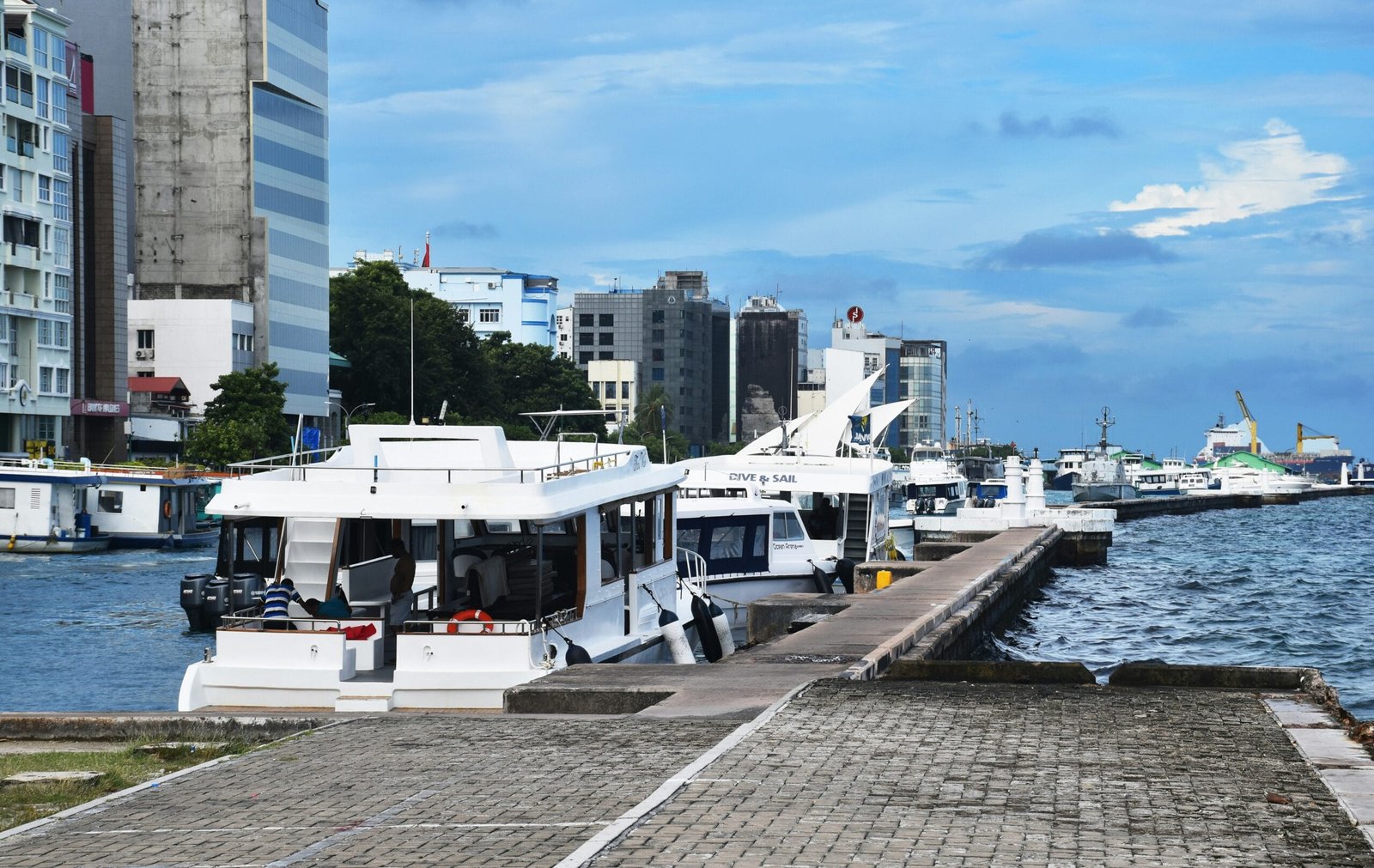 Transportation in the Maldives: A speedboat in the port of Male